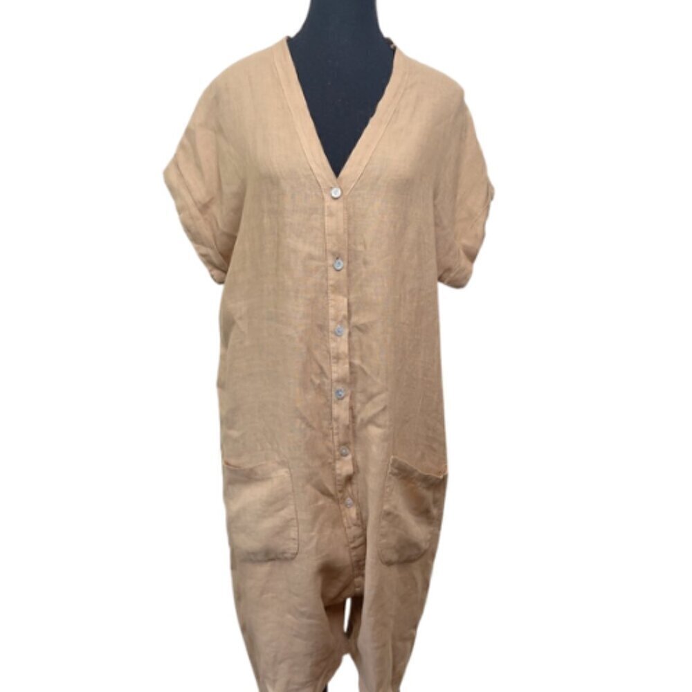 Made In Italy Womens Medium Linen Vneck Button Tan Romper